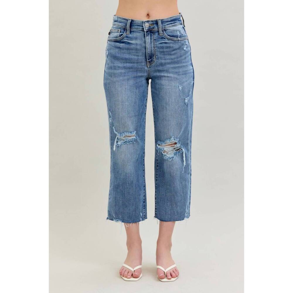 NEW JUDY BLUE high waist destroy wide leg crop denim jeans in light blue